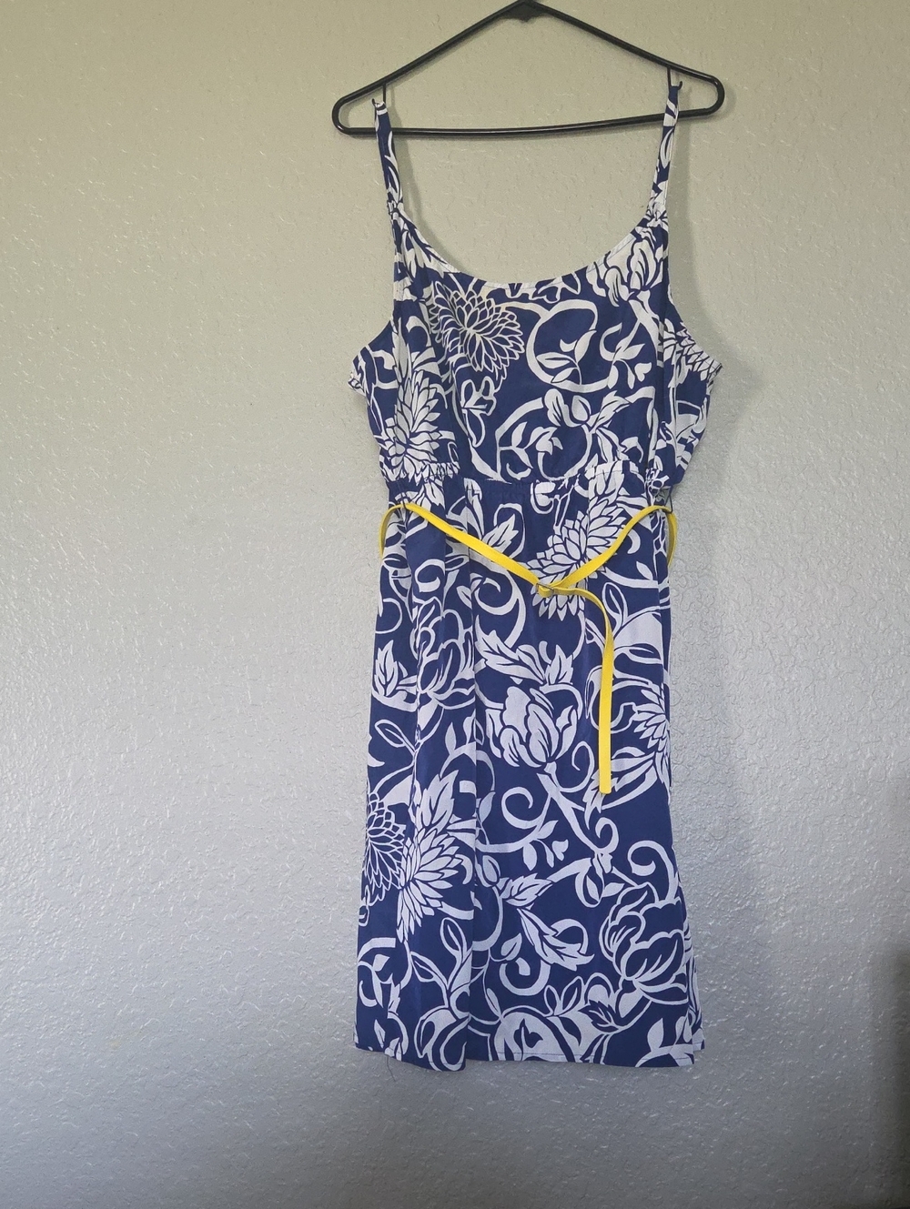 Lane Bryant Navy and White Floral Midi Dress with Yellow Belt
